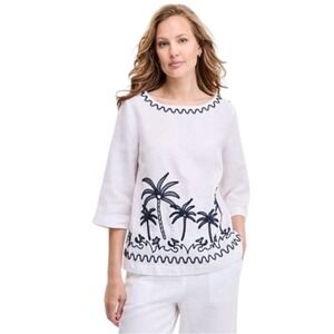 Charter Club Shirt Women Large White Navy Linen Palm Tree Embroidered Top Preppy